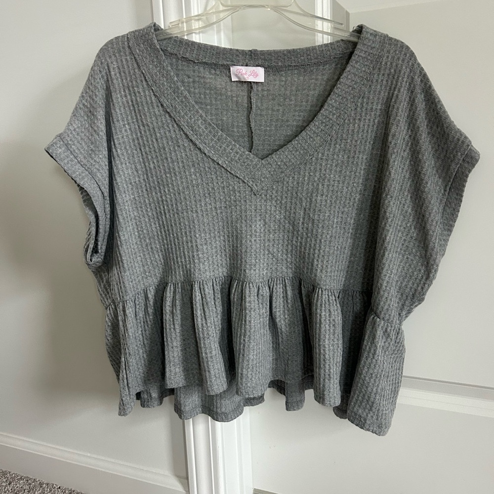 Gray V-Neck Ruffle Hem Top